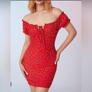 NWT Pretty Little Thing/ Red Floral Puff Sleeves Mini Dress